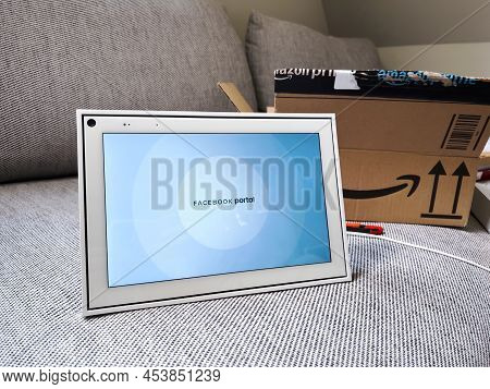 Paris, France - Apr 8, 2022: Unboxed Meta Facebook Portal - Brand Of Smart Displays And Videophones 