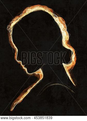 Silhouette Of A Womans Face On A Dark Black Background. Minimalist Female Simple Contemporary Art. T