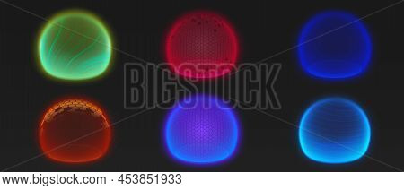 Force Shield Bubbles, Various Energy Glowing Spheres Or Defense Dome Fields. Science Fiction Deflect