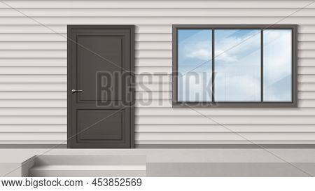 House Facade With Gray Door, Window, Siding Wall And Steps. Vector Realistic Background Of Building 