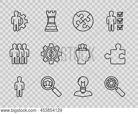 Set Line User Of Man In Business Suit, Magnifying Glass And Gear, Piece Puzzle, For Search People, H