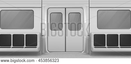Subway Wagon Interior Inside View With Door, Seats And Windows. Empty Metro, Underground Tube Design