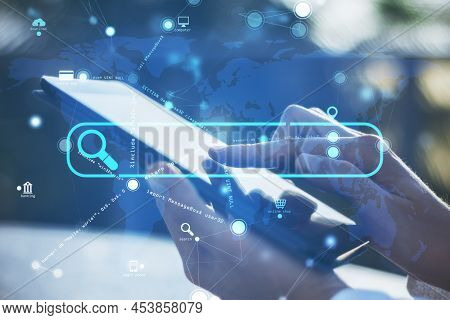 Close Up Of Hand Using Smartphone With Creative Search Bar And Digital Blue Map Icons On Blurry Back