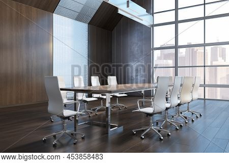 Modern Wooden Meeting Room Interior With Bright Window And Ciry View, Furniture And Daylight. 3d Ren