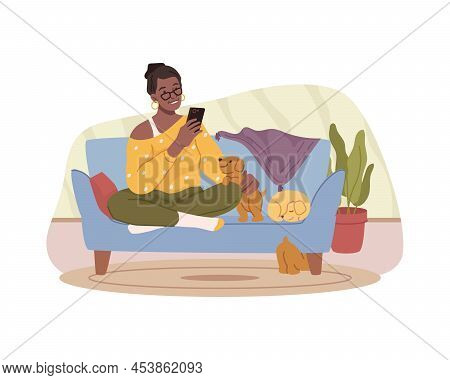 Young Lady Taking Photo Of Pet Life, Woman Shooting Video Of Canine Animal. Vector Flat Cartoon Char