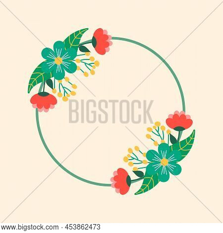 Rounded Colorful Decorative Floral Wreath Illustration With Red Flower