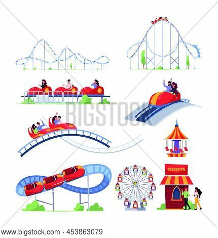 Roller Coaster Park. Amusement Adventure Characters Have Fun In Roller Coaster Activity Riding Garis