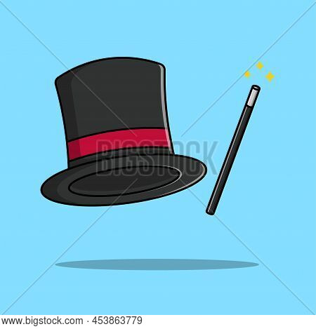 Wand And Magic Hat Cartoon Vector Icon Illustration. Object Icon Concept Isolated Premium Vector.