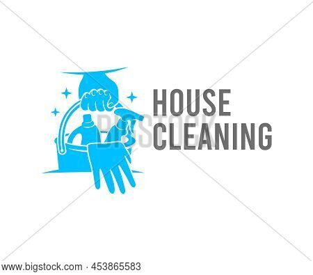 Cleaning, Hand Holds A Bucket Of Cleaners And Detergents, Logo Design. Sanitizing, Disinfecting, Hyg