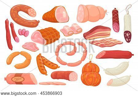 Cartoon Delicatessen Sausages. Pork Sausage Chorizo Or Ham Shopping Meat Market, Red Salami Tasty Pe