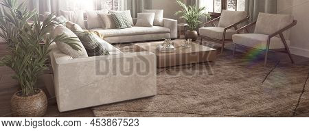 Modern Interior Japandi Design Living Room. Lighting And Sunny Apartment With Large Windows And View