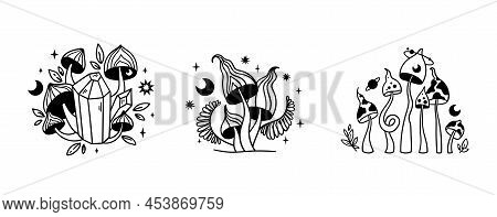 Magic Space Mushroom Isolated Clip Art Bundle, Celestial Hand Drawn Line Mushroom Compositions, Myst