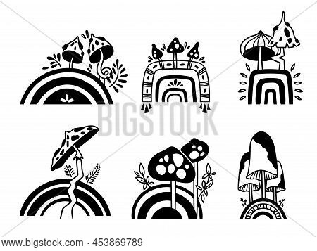 Mystical Boho Rainbow And Mushrooms Isolated Vector Clip Art Bundle, Magic Hand Drawn Celestial Mush