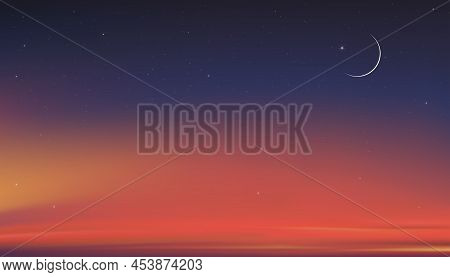 Islamic Card With Crescent Moon On Blue,orange Sky Background,vetor Banner Ramadhan Night With Dramt