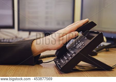 Businessman In A Suit Talking On A Landline Phone In The Office, Man Hand Close-up