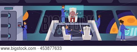 People In The Cockpit Of A Spaceship. Spaceship Interior With People, Vector Flat Illustration.