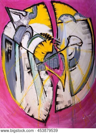 Colorful Abstract Painting, Mixed Media. Decoration Made With Fuchsia, Yellow, White And Gray Acryli