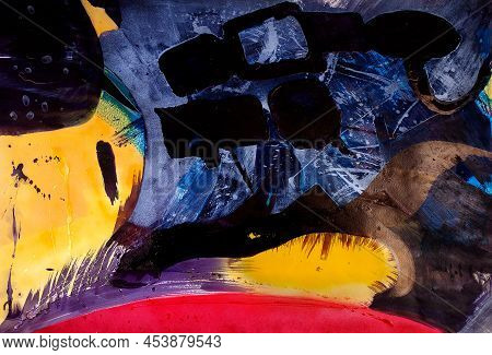 Colorful Abstract Painting, Mixed Media. Decoration Made With Blue, Yellow, Black And Red Acrylic Co
