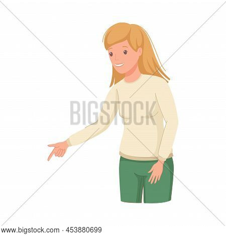 Woman Character Indicating Something Pointing With Index Finger As Hand Gesture Specifying Direction