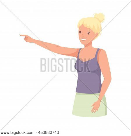 Woman Character Indicating Something Pointing With Index Finger As Hand Gesture Specifying Direction