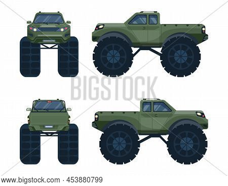 Monster Truck Set. Off-road Vehicle With A Heavy Duty Suspension