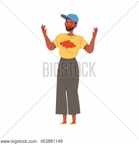 Bearded Man Character In Baseball Cap With Wide Open Arm Showing Hand Gesture Expressing Emotion Wit