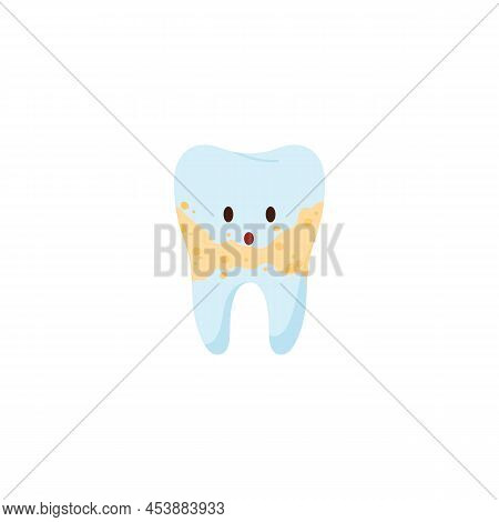 Surprised Tooth Beginning To Become Yellow And Dirty, Flat Vector Illustration Isolated On White Bac