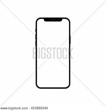 Black Smartphone Front View, White Screen Display, Popular Cell Phone Flat Vector Illustration