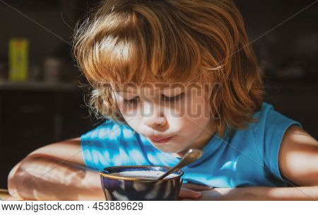 Kids Nutrition. Little Boy Eats Soup. Healthy Food For Children. Organic Homefood.