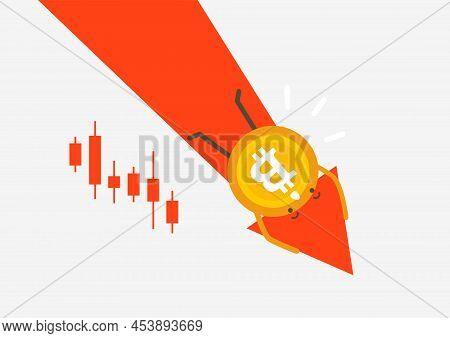 The Fallen In Price Bitcoin Flying Down On Red Arrow. Bankrupt Bitcoin. Cryptocurrency Cartoon Conce