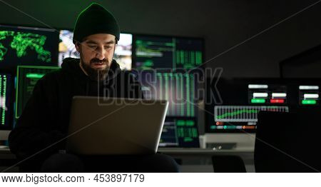 Horizontal Banner. Hacker Hacking Security Firewall In Basement Hideout. Multiple Screens Background