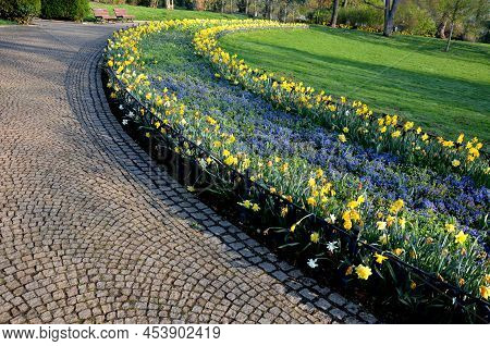 Annual Flowerbed In The Shape Of An Arch With Purple And White Yellow Flowers Bordered By A Low Fenc