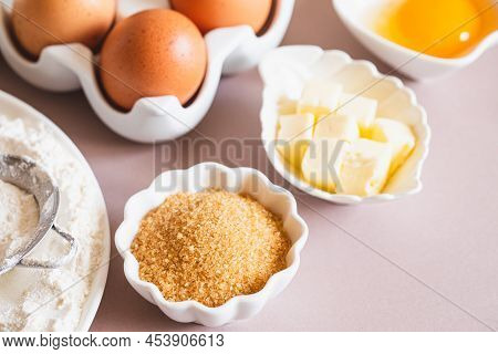 Baking Or Cooking Background Frame. Ingredients, Kitchen Items For Baking Cakes. Kitchen Utensils, F
