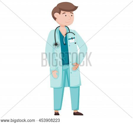Doctor Male Character In Hospital, Medicine, Healthcare Concept. Young Smiling Man Medic Therapist O