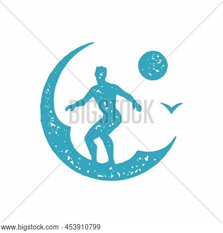 Professional Male Surfer Riding On Sea Wave Extreme Sport Hobby Circle Logotype Blue Grunge Texture