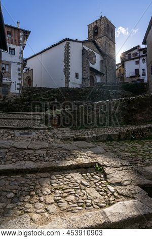 Candelario, Spain - January 02, 2021: Church Of Candelario Village. Salamanca, Castilla Y Leon, Spai