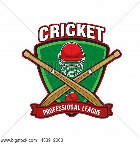 Cricket Game Icon With Crossed Bat, Helmet And Ball. Cricket Sport Professional League Team Or Club,