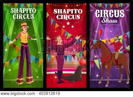 Shapito Circus Seal Trainer, Acrobat And Horse Rider Characters Vector Banners Of Carnival Show. Fun
