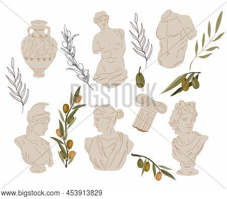 Set Of Antique Marble Greek And Roman Sculptures And Olive Tree Branches, Flat Vector Illustration I