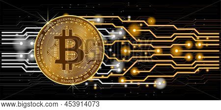 Bitcoin Blockchain Poster Crypto Currency Digital Encryption, Digital Money Exchange. Computer Circu