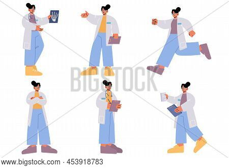 Doctor, Hospital Healthcare Staff At Work Isolated Set. Female Medic Character In White Robe With St