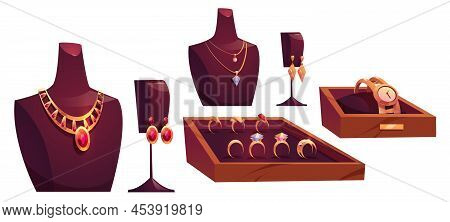 Cartoon Jewelry, Set Of Gold Pendants, Watch And Earrings With Precious Gemstones. Yellow Metal Coul