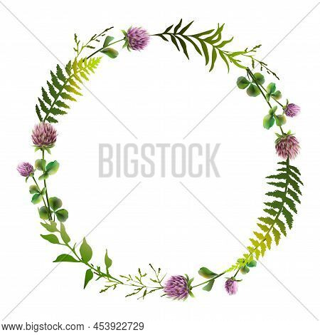 Floral Wreath With Clower And Herbs. Hello Summer.. Floral Round Frame.