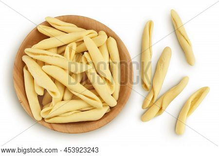 Typical Calabrian Pasta Called Maccheroncini Or Maccheroni In Wooden Bowl Isolated On White Backgrou