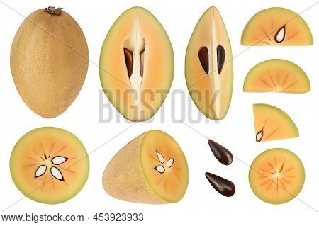 Sapodilla Isolated On White Background With Clipping Path And Full Depth Of Field. Top View. Flat La