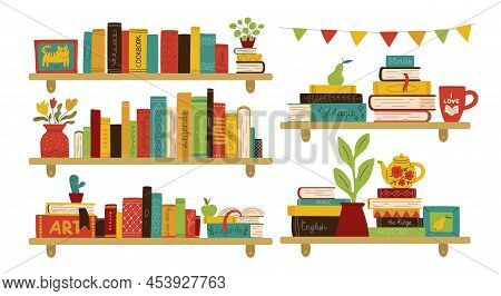 Interior Bookshelves. Home Library. Color Rows And Stacks With Different Titles. Poetry, Prose And N