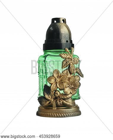 Green Grave Light Isolated On White. Symbol Of Remembrance