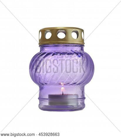 Violet Grave Light With Burning Candle Isolated On White. Symbol Of Remembrance