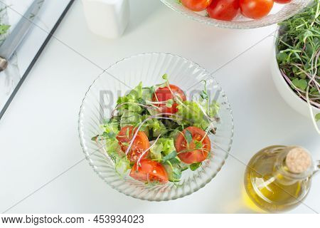 The Healthy Vegetarian Salad On White Table