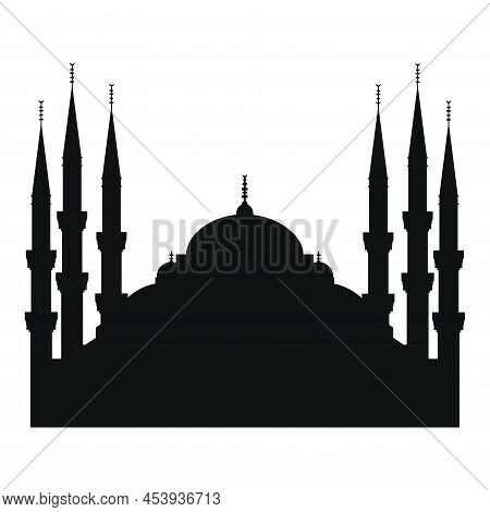 Blue Mosque Turkey Silhouette Vector Illustration. Black Shadow Of Islamic Temple In Istanbul. Majes